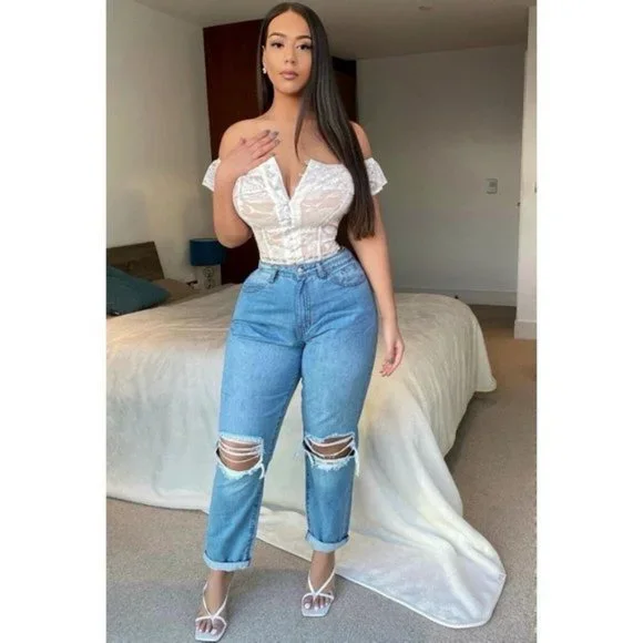 Blue High Waist Distressed Ripped Cuffed Boyfriend Jeans Denim Pants - Picture 14 of 16